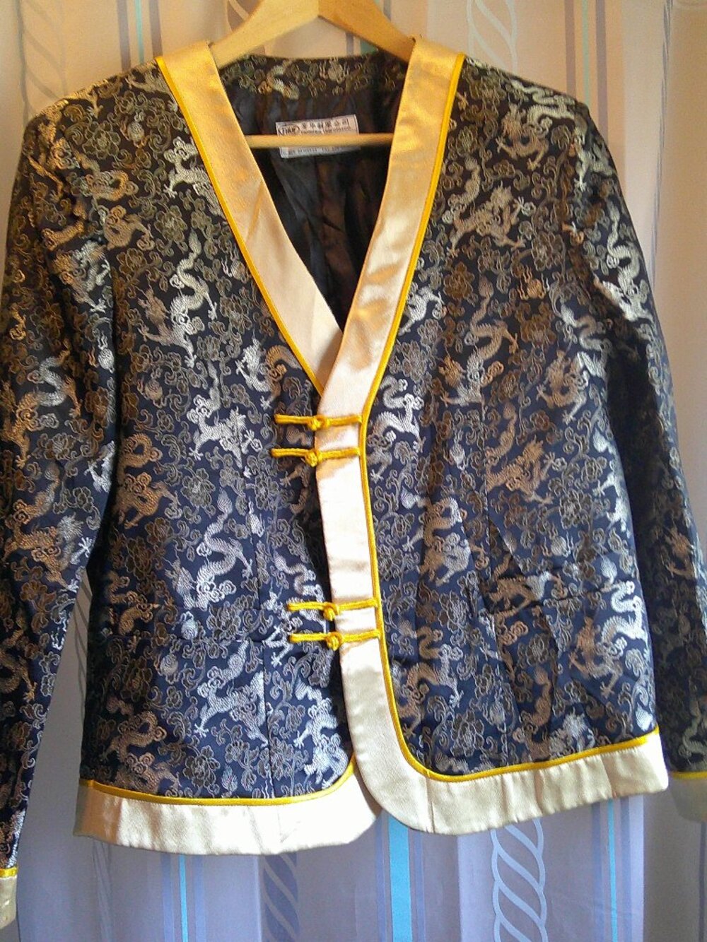 NEW Fanghua Chinese Dragon Print Hanfu/Tang Satin Jacket Frog Buttons Adult Sz M